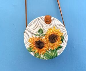 Vintage Rattan Round Crossbody Bag Painted Sunflower Bali Boho Straw Purse